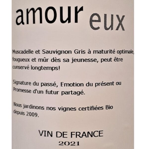 Contre-étiquette de Amoureux, Château de Cranne, vin bio de Bordeaux
