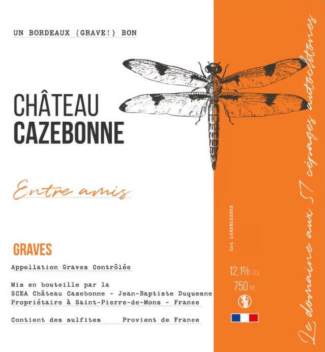 Etiquette Entre Amis blanc, AOP Graves, Château Cazebonne, Demeter biodynamie